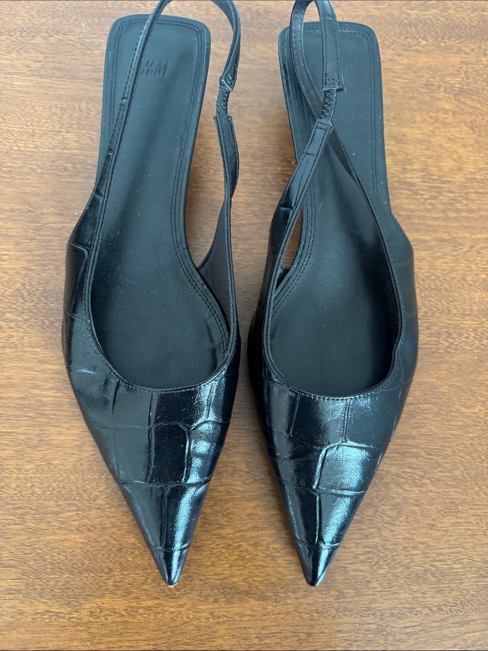 H&M Black Patent Croc-Embossed Pointed Slingback Flats